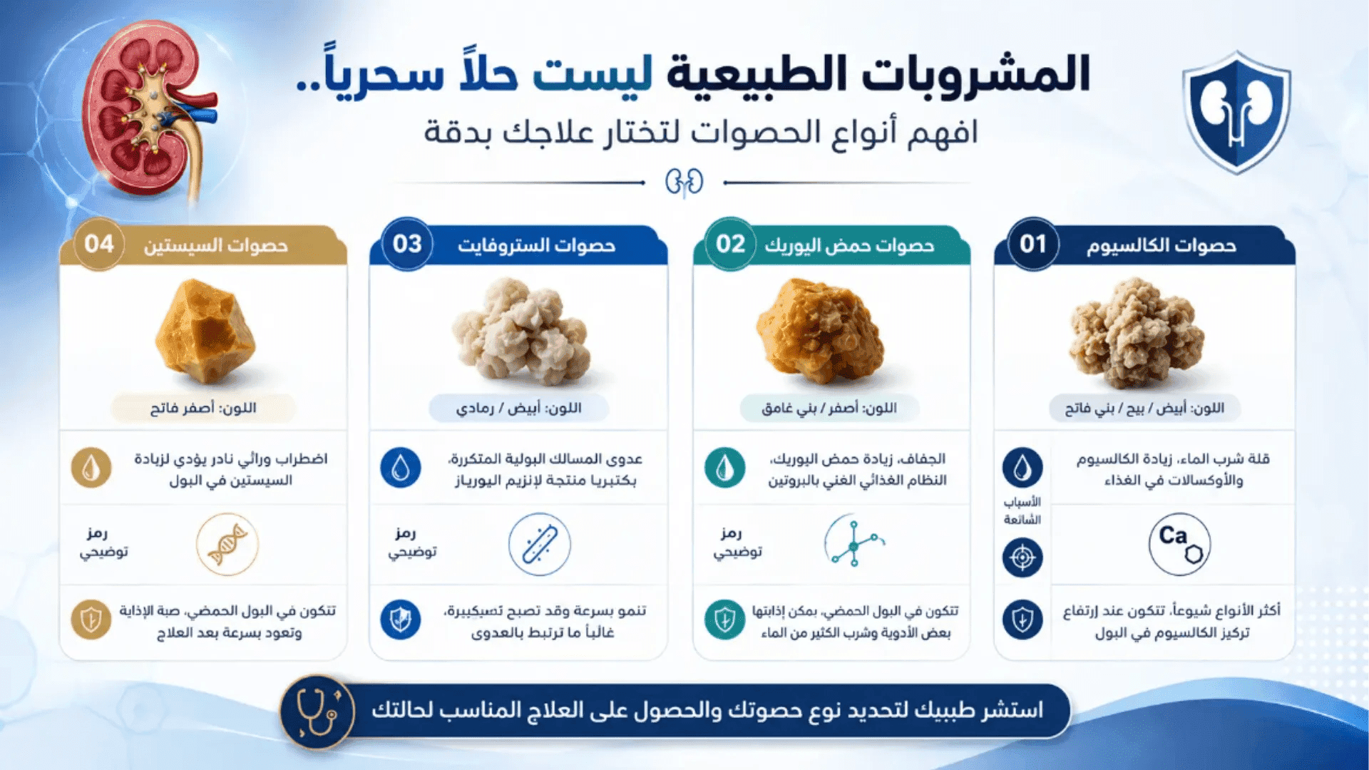 إنفوجرافيك يوضح أنواع حصوات الكلى وأسبابها وكيفية اختيار العلاج المناسب لكل نوع.