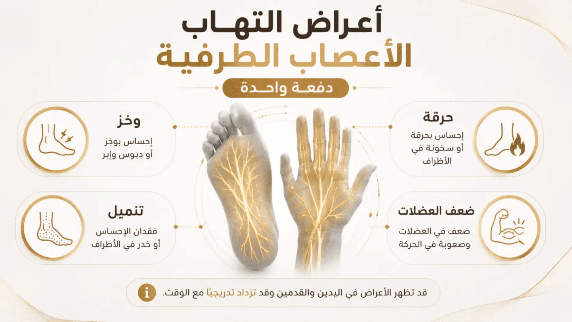 أعراض التهاب الأعصاب الطرفية تشمل التنميل والوخز والحرقان وضعف العضلات
