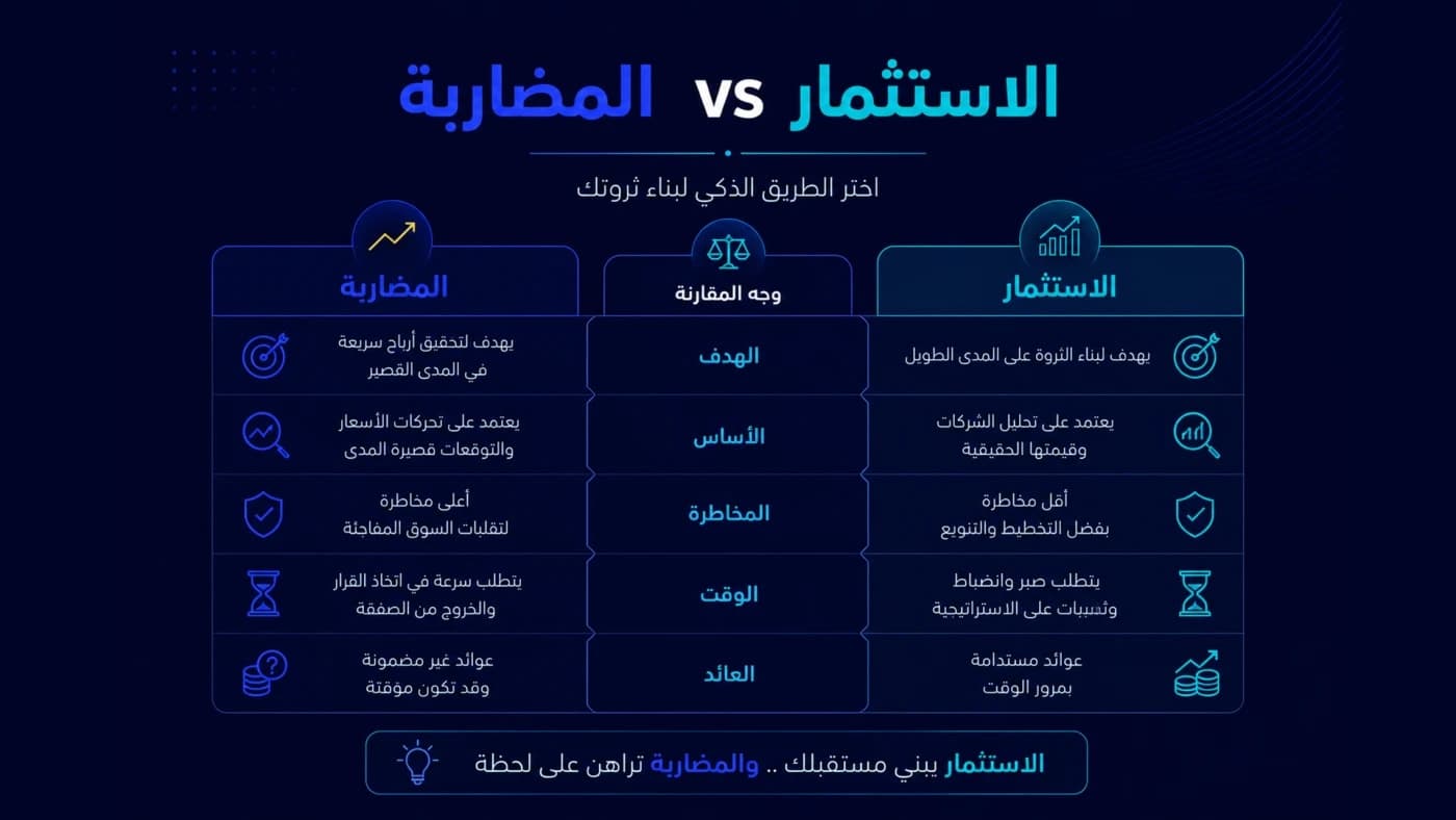 مقارنة بين الاستثمار والمضاربة توضح الفروقات في الهدف والمخاطرة والمدة الزمنية والعائد لتحقيق الثروة.